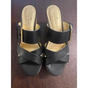 Kate Spade Cork Wedge 3.5" Sandal Black Leather Buckle Platform 7 Resort Classic